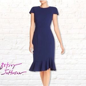 Betsey Johnson Ruffle Hem Cap Sleeve Navy Blue Scuba Crepe Dress Size 6